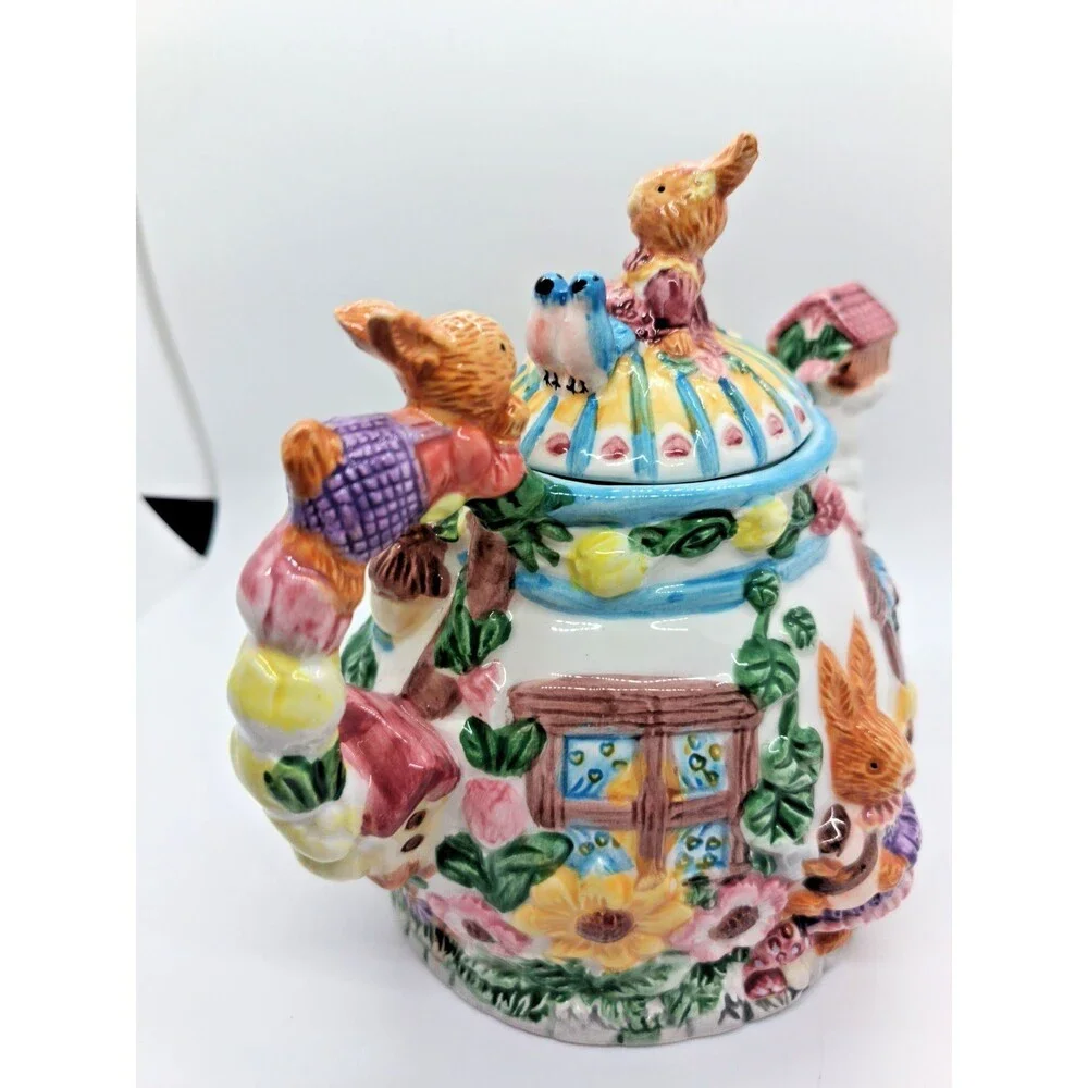 Vintage Bunny Rabbit Garden Teapot – Spring Easter – Merc Asia 1999 – Rare